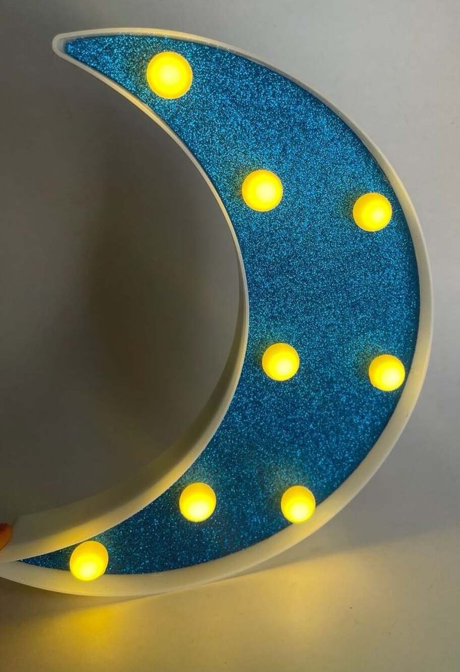 LED Crescent Moon Night Light Blue Glitter Battery Operated Table Decor